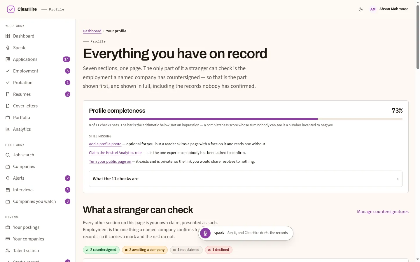 Claim your roles: the ClearHire screen